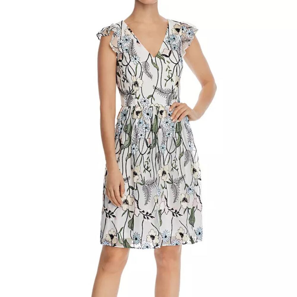 Adrianna Papell Pastel Paradise White Mesh Embroidered Floral Fit & Flare Dress